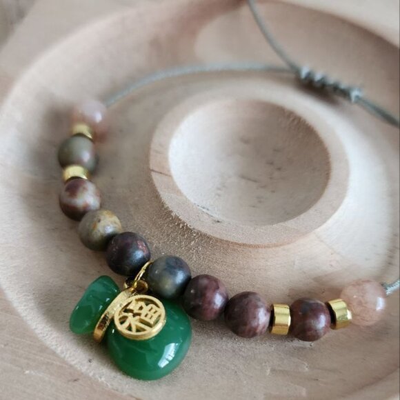 Dhanna/Handmade Accessories - Adjustable Multicolor Jasper Bracelet with Green Jade Money Bag Charm